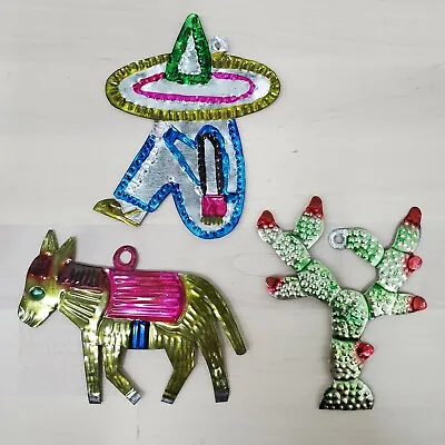 3 Vintage Mexican Tin Christmas Ornaments Milagros Siesta Donkey & Cactus Bright • $51