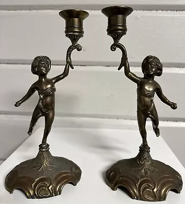 Vintage Lot Of 2 Brass Cherub Figural Candlestick Holders • $50