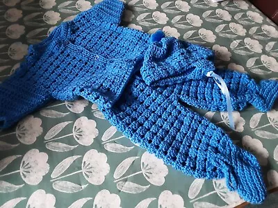 A New Hand Crochet Baby Boy Cardigan Leggings & At Set Newborn Cobalt Blue • £6.50