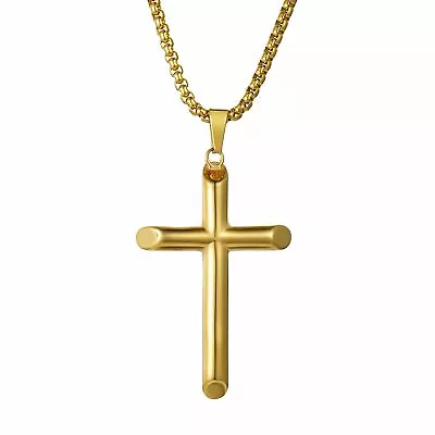 Mens Gold Tone Stainless Steel Polished Faith Cross Religious Necklace 22  • $10.99