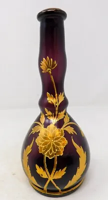 Late 1800s Barber Bottle Profuse Gold Florals On Amethyst / Purple Glass Antique • $199