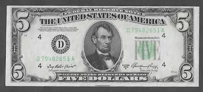 FR 1962-D UNC Cleveland $5 Series 1950A Green Seal Federal Reserve Note • $9.99