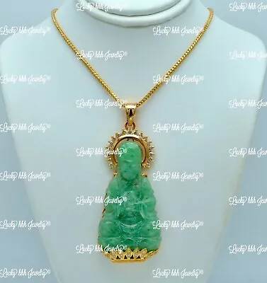 18k Yellow Gold Natural  Jade Quan Yin Diamond Pendant Lucky Lady Buddha 1.25 Ct • $2488