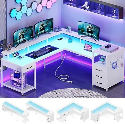 98  L Shaped Desk With 4 Drawers Computer Home Office Gaming Desk With LED Strip • $169