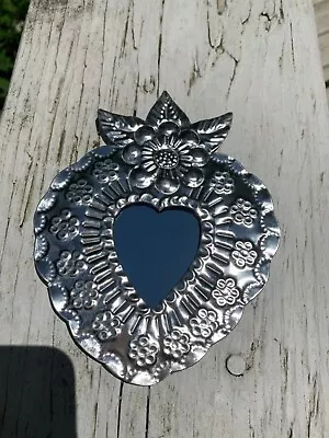 Heart & Flower Mirror Milagro Mexican Handmade Tin Ornament 5.5x4.5-3/$28 M53 • $10.90