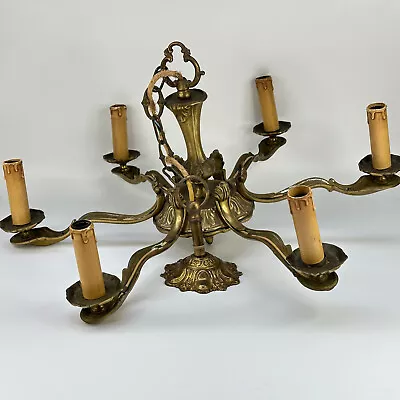 Vintage French Extra Large 6 Arm Ornate Heavy Brass Metal Ceiling Chandelier • £67