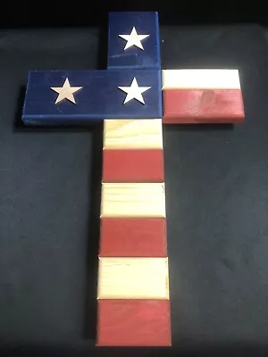 Rustic Wooden American Flag Memorial Cross-Red And White Stained Wood-17 X11 X2  • $45