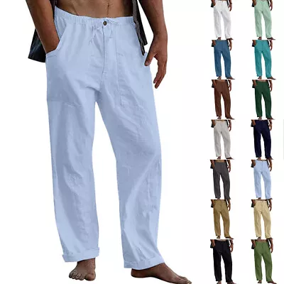 Mens Cotton Linen Pants Loose Straight Pants Elastic Waist Casual Loose Trousers • $20.42