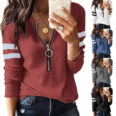 £12.13 • Buy Women's Long Sleeve Zip Up V Neck Pullover Ladies Loose Fit Blouse T-shirts Tops