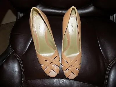 MERONA Tan Woven Leather W Open Toe 3.5  Heel Shoes Size 9 Women's NWOB • $25.90