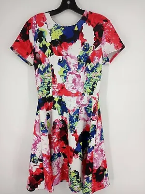 Milly For Design Nation Floral Multicolor Fit & Flare Short Sleeve Dress Size 6  • $24.94