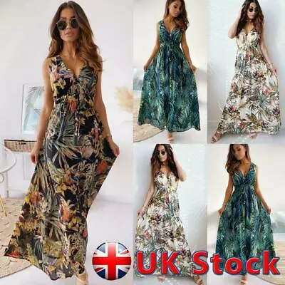 Women Boho Floral V Neck Maxi Long Dress Ladies Holiday Beach Swing Sundress AU • $46.19