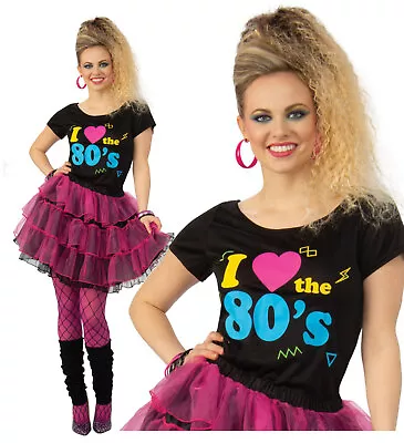 Ladies Womens Love 80s Disco Madonna T-Shirt Skirt Retro Fancy Dress Costume • £16.30