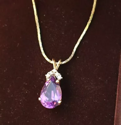 Vintage 14k Yellow Gold Amethyst & Diamond Accent Pendant Necklace 6.2 Grams • $458