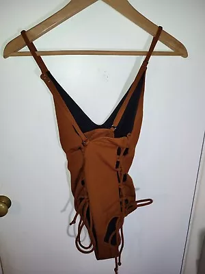 Zaful Flattering Rusty Brown Ribbed Strappy Ribbon Sexy Swimsuit Size M UK 10 • £7.99