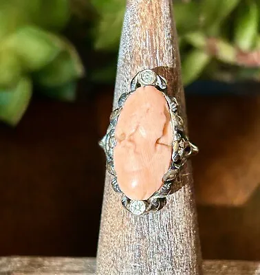 Antique Carved Coral Cameo Ring Silver Tone Pink Stone Retro Fashion Jewelry • $93.75