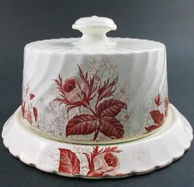$75 • Buy Antique CHEESE KEEPER - Round Dome & Underplate RED Flowers  - GERMANY C.1893