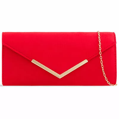 Women's Plain Faux Suede Clutch Bag Wedding Party Prom Evening Chain Handbag • £12.49