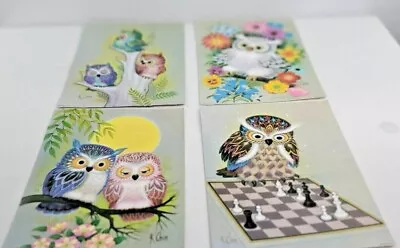 4 Vintage K. Chin Litho Owl Prints 1973 Donald Art Co Ready To Frame 9 X 12 • $24.99