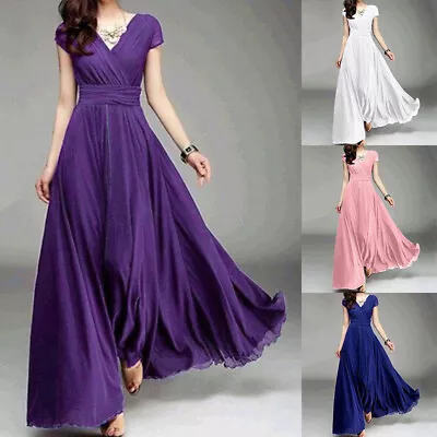 Women Chiffon Long Formal Prom Evening Dress Party V-Neck Short Sleeves Cocktail • £18.71