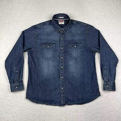 Wrangler Shirt Mens XL Blue Denim Flannel Pearl Snap Long Sleeve Western Cowboy • $22.88