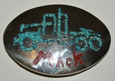 Vintage MACK Semi Truck Trucker Trucking Chrome Turquoise Coral Belt Buckle Rare • $32.39