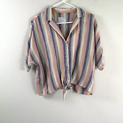 Rails Marley Mandalay Striped Top Size M Pink Blue Tie Button Linen Blend Blouse • $17.95