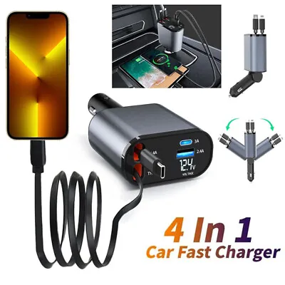 4 IN 1 Retractable Car Charger Cable Dual Port USB-C PD Fast Charging Adapter • $16.99