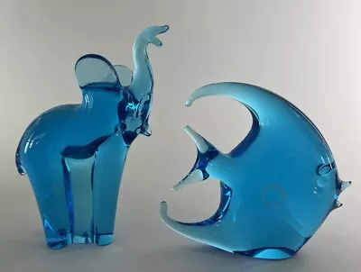 V. Nason & C. Murano Art Glass Elephant & Fish Figurines Italy Italian Blue • $99