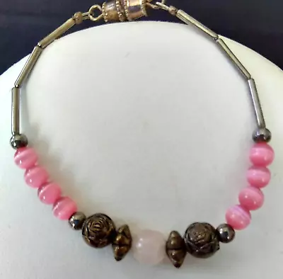 VTG Vintage Child-Size Sterling Silver Glass Bead Bracelet Rosebud Pink White • $21.75