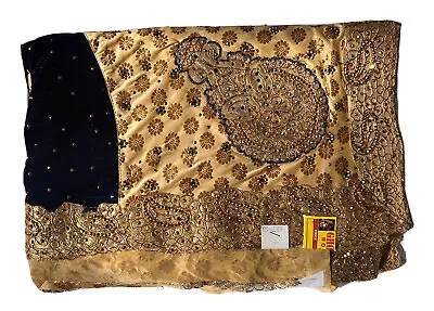VELVET Navy Blue Gold Bollywood Fancy Designer Saree Sari For Weddings Eid New • £30