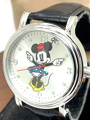Disney Women's Watch Minnie Mouse Quartz Silver 38mm Black Leather Strap W001873 • $29.67