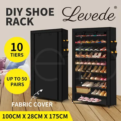 $31.99 • Buy Levede 10 Tier Shoe Rack Portable Storage Cabinet Organiser Wardrobe Black Cover