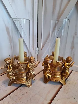  Vintage Pair Of Teleflora Goldtone Cherubs Hurricane Lamps Candle Holders 10 H • $29.99