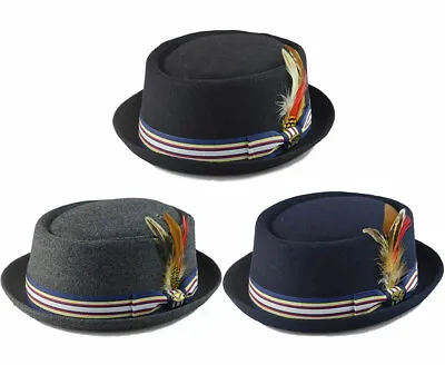 Wool Fedora Hat W/ Feather Stripe Band Classic Round Pork Pie Stingy Brim • $21.98