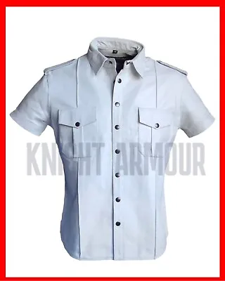 GENUINE SHEEP LEATHER MEN POLICE BLUFF SHIRT White UNIFORM SEXY KINK SHIRT • $45.47