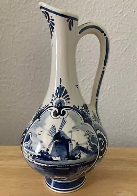 DELFT Pyramide Pitcher Bud Vase Hand Painted Blue & White Windmill Floral Vntg • $18