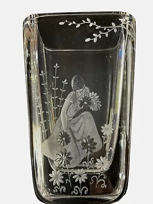Swedish Artist Lars Kjellander Art Deco Etched Crystal  Vase • $129