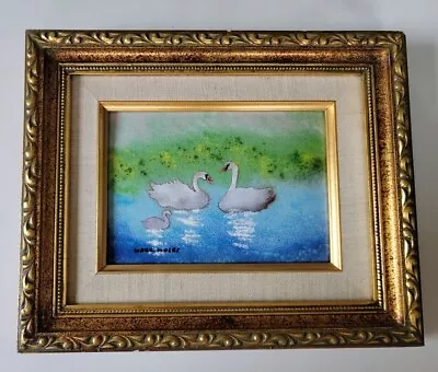 Vintage Swans On Lake Pond Mark Moses Enamel On Copper Painting Framed 5×7 • $47.50