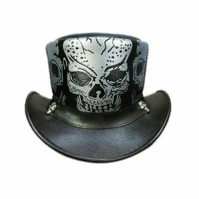 Skull Western Cowboy GENUINE Leather Top Hat Steampunk UNISEX GOTH TOP HATS • $74.99