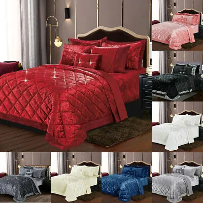 Luxury Crushed Velvet Quilted Santiago Bedspread Comforter Bed Throw Bedding Set • £8.54