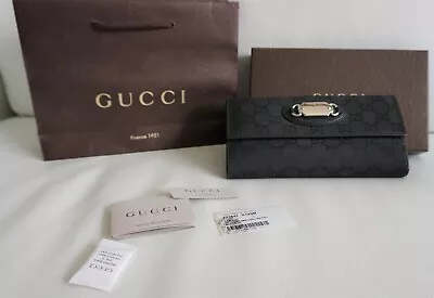 $269 • Buy Authentic Gucci Black Canvas Bi-Fold Horsebit Ladies Wallet 