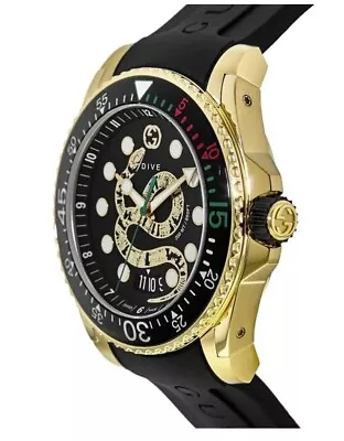 GUCCI Men's Watch YA136219 Dive Swiss Quartz Gold Black Dial Snake Rubber Strap • $900