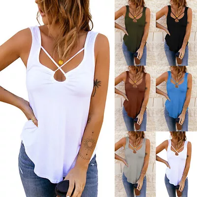 £7.79 • Buy Plus Size Womens Cross Low Cut Summer T Shirts Tops Tunic Backless Vest Cami Tee