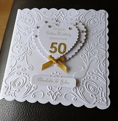 Luxury  Personalised GOLDEN 50th WEDDING ANNIVERSARY Handmade Card • £6.49
