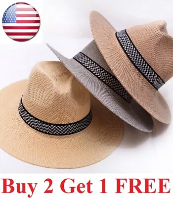 Men Women Straw Jazz Fedora Hat Trilby Cuban Sun Cap Panama Short Brim Summer Us • $7.95