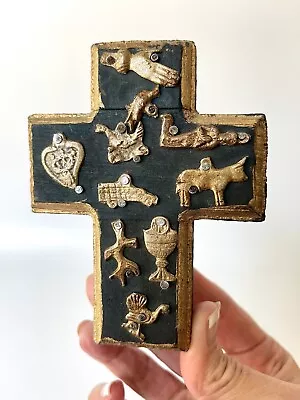 Vtg Milagritos Wood Healing Cross Brass Charms Miracles Wall Hanger San Miguel • $11