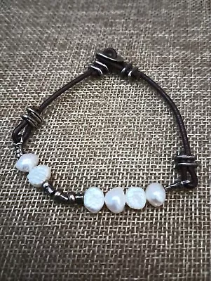 VTG Sterling Silver - SILPADA Cultured Pearl Leather Cord Bracelet (B1062) • $35