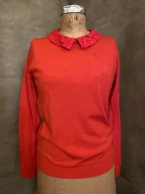 J Crew Sweater 100% Merino Wool Tomato Red Peter Pan Lace Collar HOLIDAY Women M • $39.95