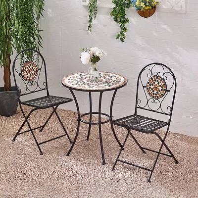 Mosaic Garden Furniture Bistro Sets Round Table / 2 Folding Chairs Outdoor Patio • £85.95